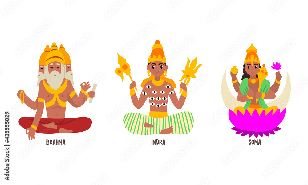 Naklejka premium Statues of Indian Gods Set, Brahma, Indra, Soma Hinduism Godheads Vector Illustration