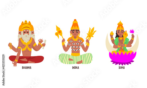 Statues of Indian Gods Set, Brahma, Indra, Soma Hinduism Godheads Vector Illustration