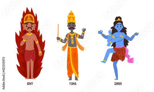 Statues of Indian Gods Set, Igny, Yama, Shiva Hinduism Godheads Vector Illustration