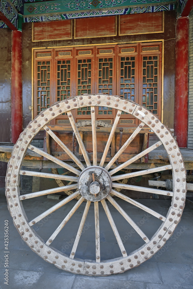 Open-two wheeled-seatless-springless-double pole wooden cart. Dafo Si Great Buddha Temple-Zhangye-Gansu-China-1278