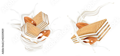 Wafers and Milk splashing in the middle isaolated on white background, Vector realistic in 3d illustration. Food concept.