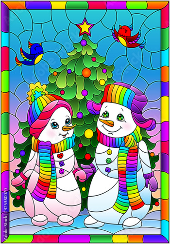 Stained glass illustration with a pair of cute cartoon snowmen on the background of a Christmas tree, a rectangular image in a bright frame