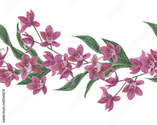 Watercolor painting seamless border with beautiful orchid flowers