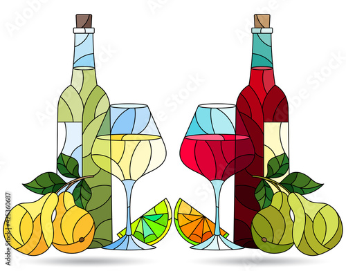 Set of contour illustrations in the style of stained glass with compositions of wine and fruit, dark outlines on a white background