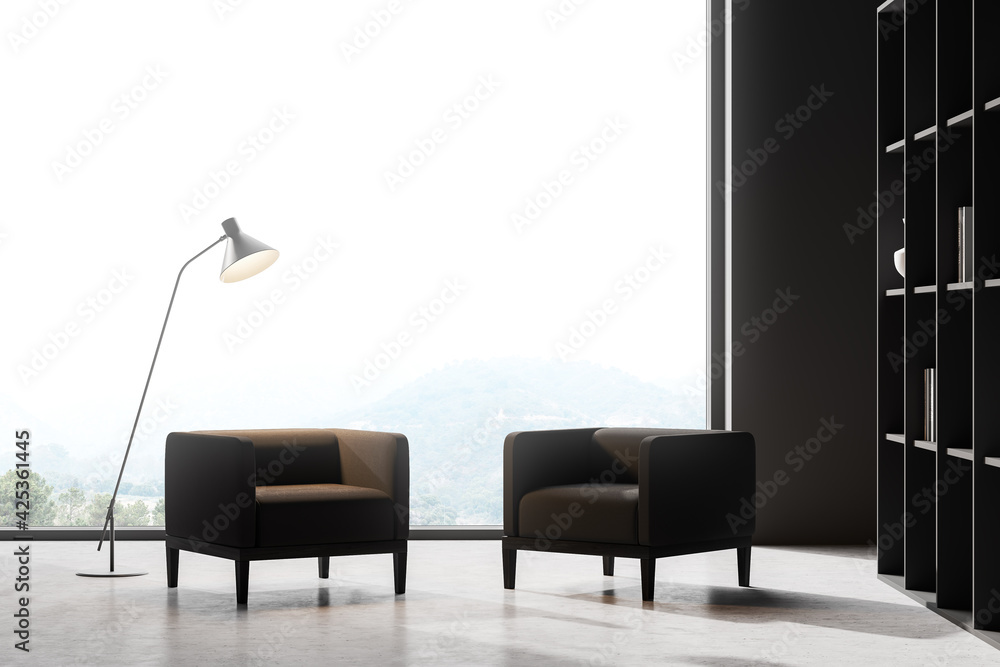 Fototapeta premium Dark living room interior with armchairs and panoramic window