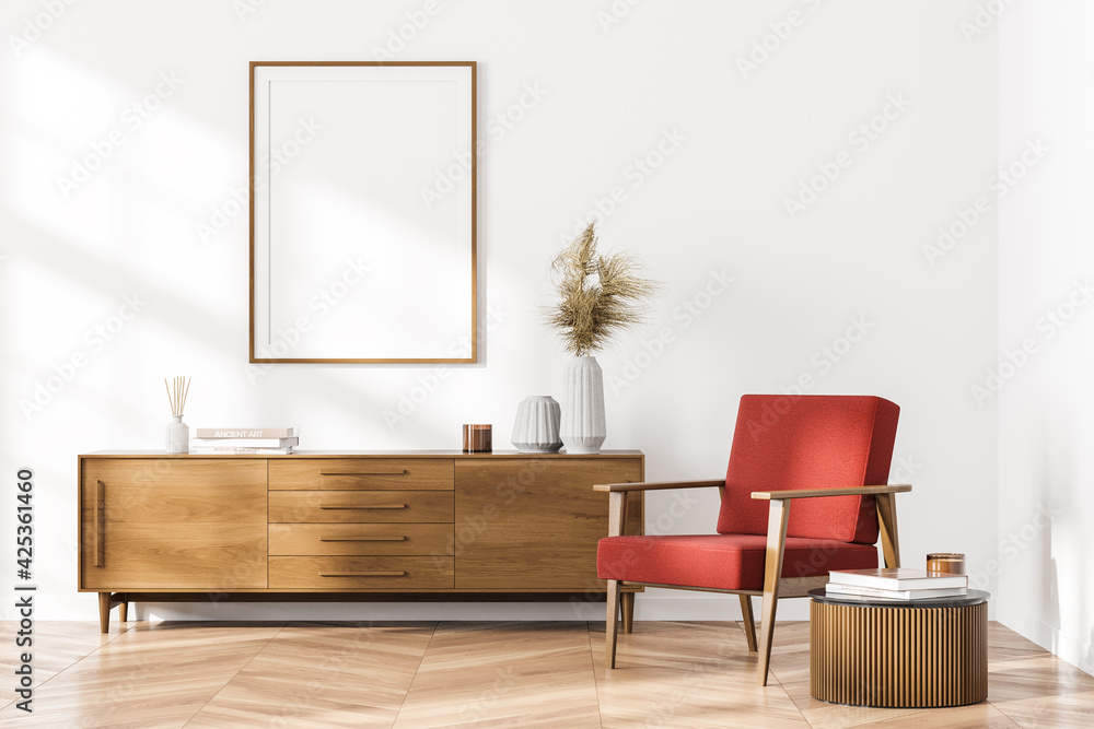Bright contemporary waiting room interior with white empty poster - obrazy, fototapety, plakaty 