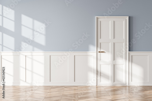 Empty white and blue interior with doors and parquet floor  mockup