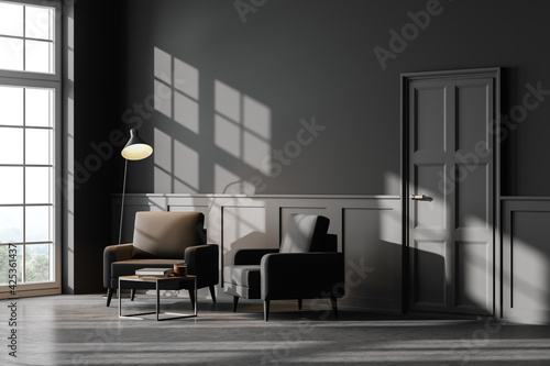 Grey living room interior with armchairs and window, mockup