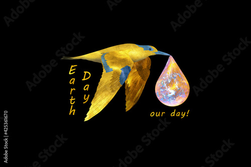 Obraz na płótnie Golden bird carrying planet earth on earth day w salonie