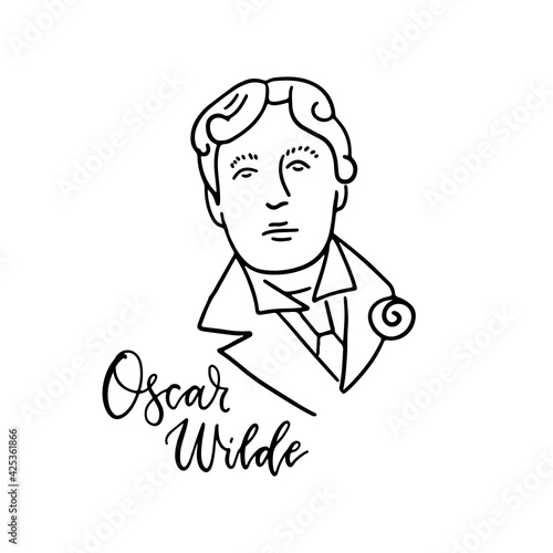 Oscar Wilde linear sketch portrait isolated on white background for prints, greeting cards. English famous great writer. Vector hand drawn illustration with lettering text.