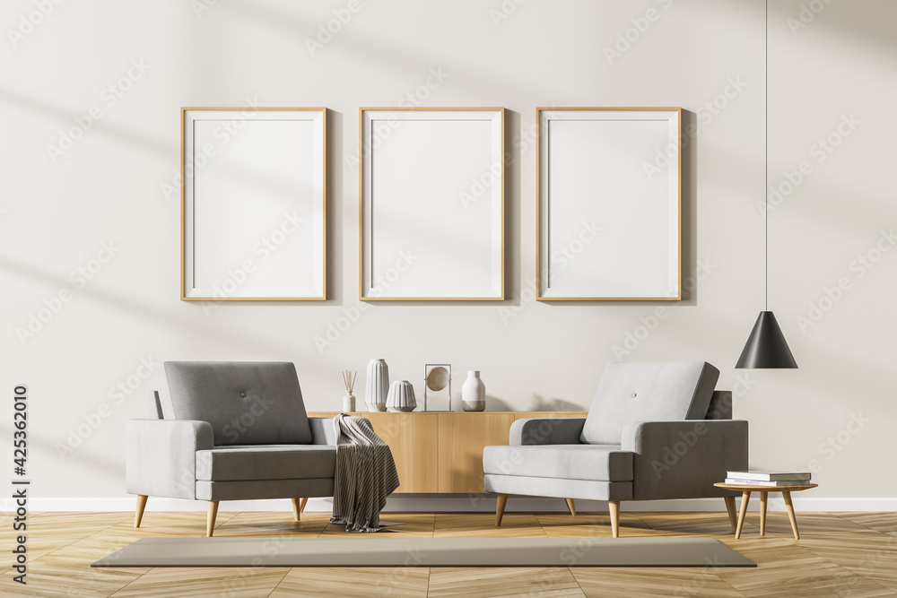 Beige living room interior with armchairs and drawer, mockup posters - obrazy, fototapety, plakaty 