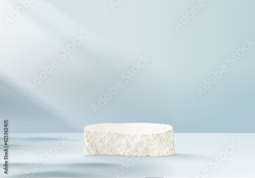 3d background products display podium scene with stone geometric platform. background vector 3d rendering with podium. stand to show cosmetic products. Stage lighting on pedestal display blue studio
