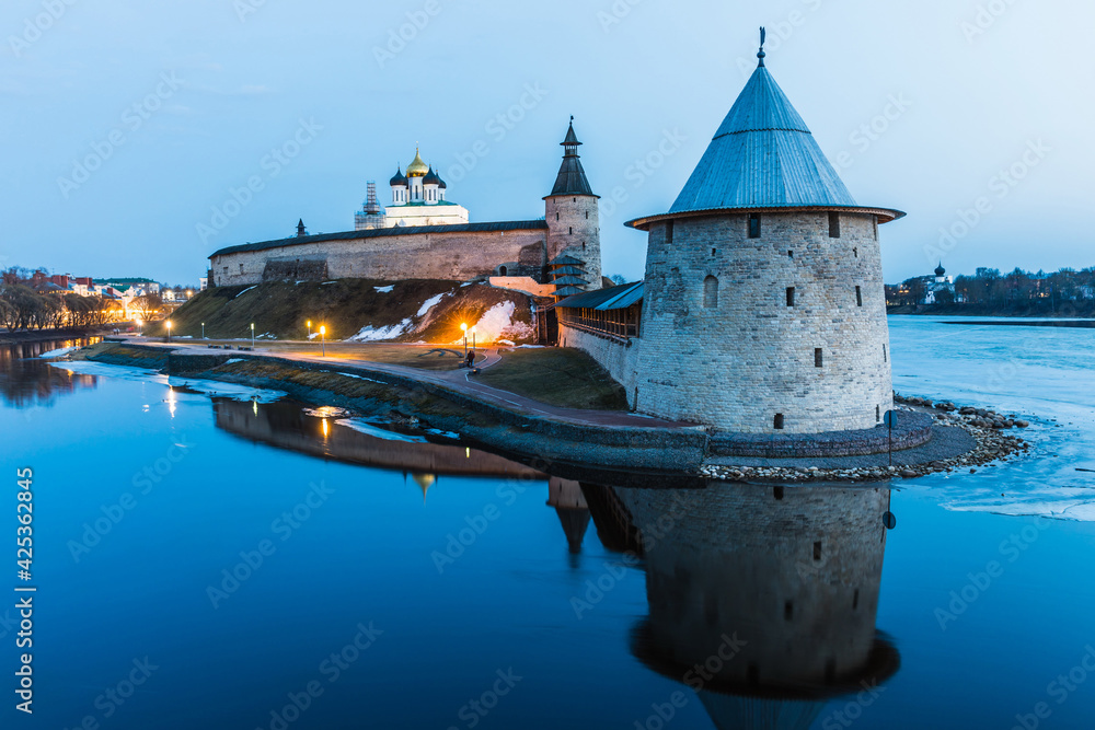 Pskov Krom (Kremlin) is an architectural monument of UNESCO. Central part of the Pskov Fortress, Pskov, Russia