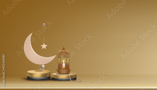 Islamic 3D Podium with pink gold Crescent moon, traditional islamic lantern, rosary beads, candle. Horizontal Islamic Banner for Product Showcase,Product presentation, Base,Ramadan Sales