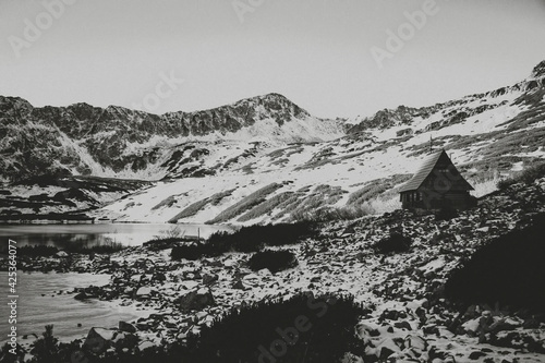 Creative grainy black and white visualisation of Tatra Mountains. Picture inspired by old postcards. Selective focus on the rocks, blurred background.