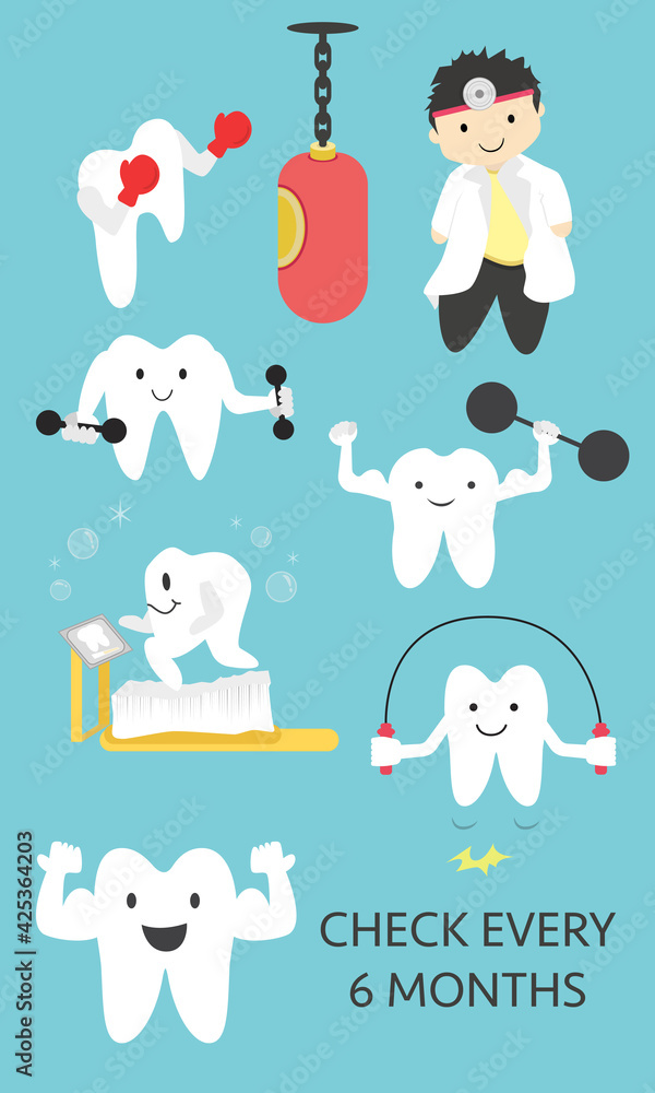 Fitness cartoon tooth set and dentistry concept.Vector illustration of smile white tooth lifts dumbbells Fitness cartoon tooth set and dentistry concept.Vector illustration of smile white tooth lifts dumbbells