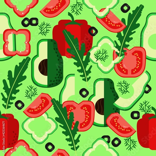 Background with fresh vegetables and herbs. Geometric seamless pattern, patern. Healthy food, eco products. Delicious vegetarian snack. Vector illustration. Proper nutrition.
