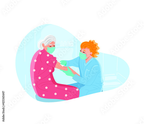Hand drawn vector illustration in cartoon flat style. Vaccination of the elderly.  A doctor makes an injection to an elderly woman. People vaccination. Boost immunity, health care