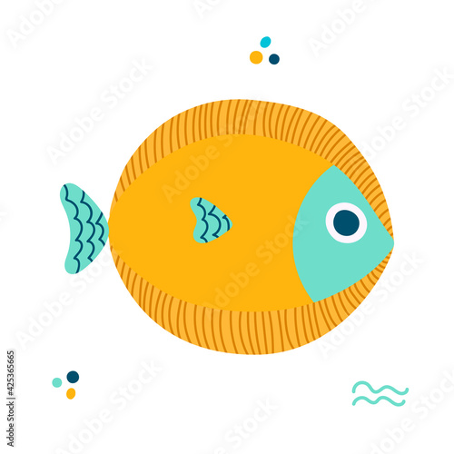 Vector children's illustration, yellow cute flounder fish isolated on a white background with graphic elements.
