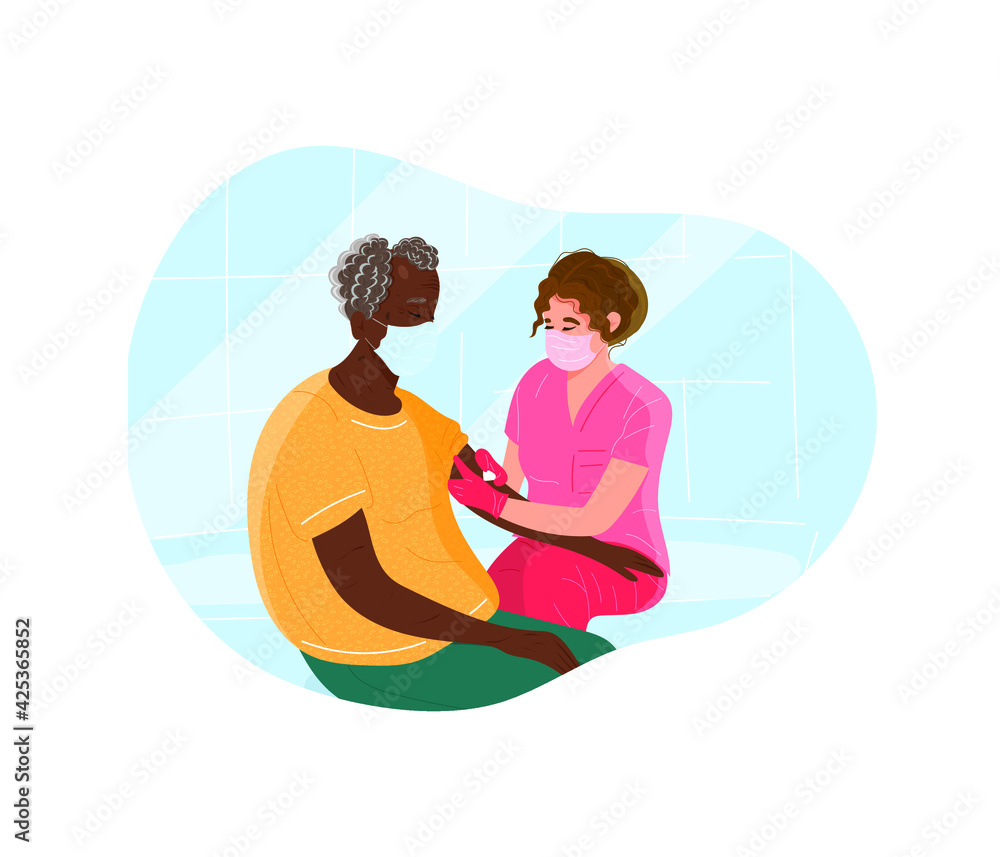 Hand drawn vector illustration in cartoon flat style. Vaccination of the elderly. A nurse makes an injection to an elderly man. People vaccination. Boost immunity, health care Hand drawn vector illustration in cartoon flat style. Vaccination of the elderly. A nurse makes an injection to an elderly man. People vaccination. Boost immunity, health care