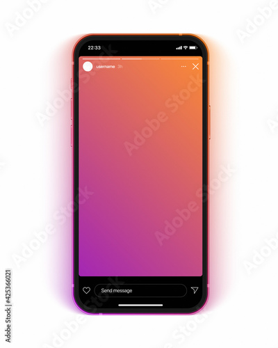 Social Media Network Instagram Facebook Stories Colorful Gradient Background On Mobile Phone IPhone 12 Screen Vector Mockup Isolated On White Backdrop