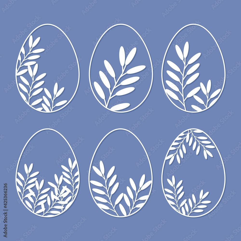 Set of silhouettes Easter eggs with a pattern of white leaves cut from paper. Vector illustration for cutting laser and plotter.