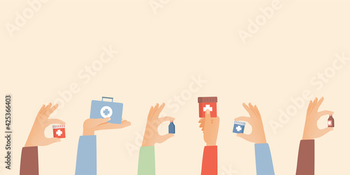 Hands holding bottles with pills and mixtures, travel first aid kit vector flat illustration. Drugs, antibiotics, and vitamin tablets. Medicaments to treat illness, pain, and viruses.