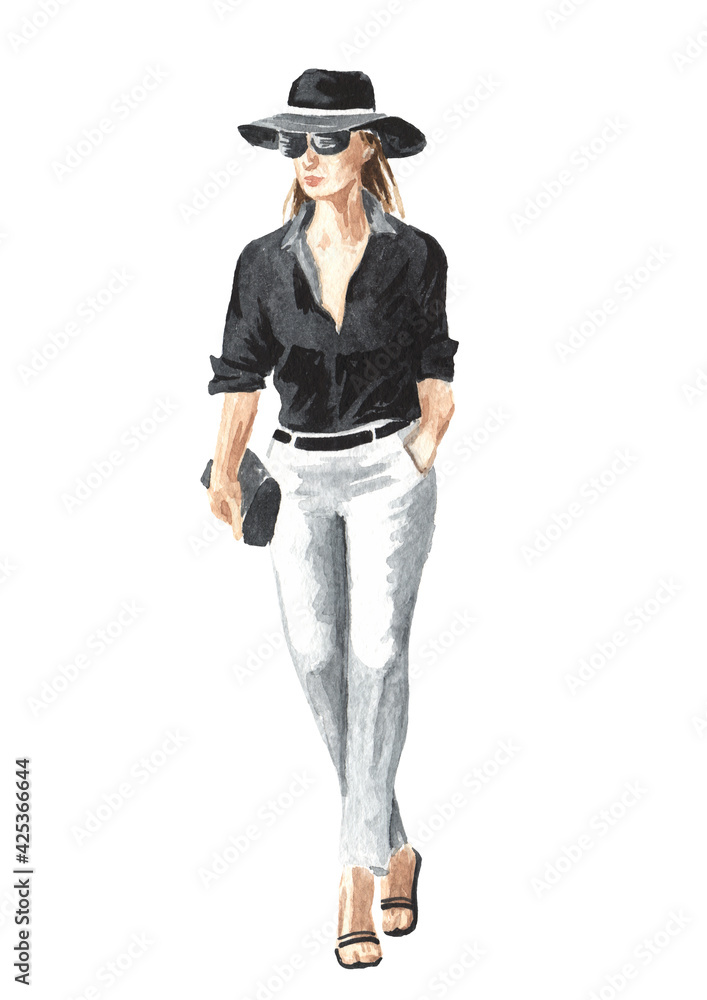 Young modern business woman in sunglasses and hat, Watercolor hand drawn illustration isolated on white background Young modern business woman in sunglasses and hat, Watercolor hand drawn illustration isolated on white background