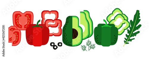 Vegetables and herbs. Avocado, pepper, tomato, olives, dill. Healthy food, eco products. Delicious vegetarian snack. Vector illustration. Proper nutrition.