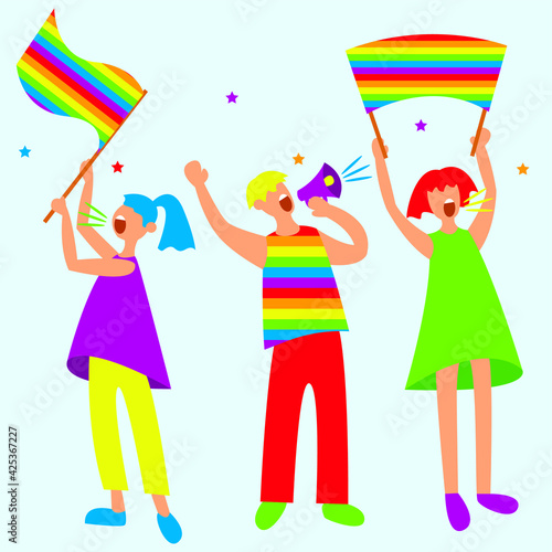 Vector graphics - three activists-a guy and two young women from the LGBT community rally and fight for their rights with a banner, a mouthpiece and a flag with rainbow symbols isolated