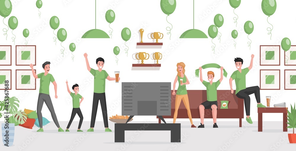 Happy smiling group of people in green t-shirts Watching match on TV vector flat illustration. Friends drinking beer and eating snacks at home party. Women and men spending time together. Happy smiling group of people in green t-shirts Watching match on TV vector flat illustration. Friends drinking beer and eating snacks at home party. Women and men spending time together.