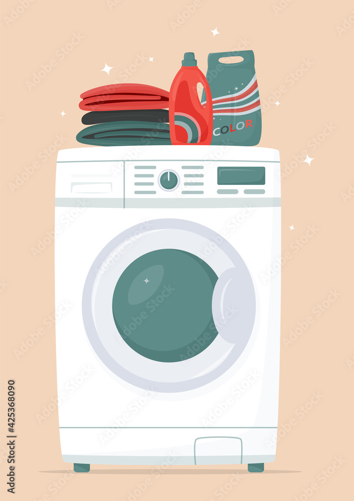 Washing machine, detergents and clean linen in flat style. Washing clothes. Modern laundromat, home appliance for household chores. Front view, close-up. Laundry service room vector illustration Washing machine, detergents and clean linen in flat style. Washing clothes. Modern laundromat, home appliance for household chores. Front view, close-up. Laundry service room vector illustration