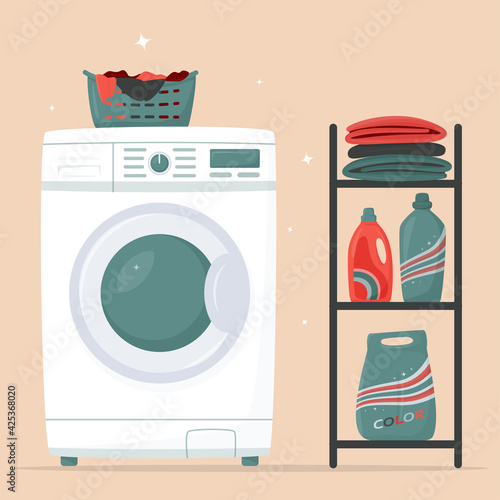 Washing machine and laundry basket, detergents and clean linen on a rack. Washing clothes. Modern laundromat, home appliance for household chores. Front view. Laundry service room vector illustration