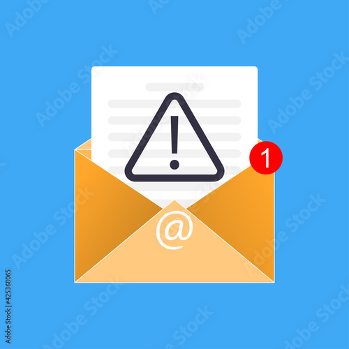 Yellow fraud letter icon with document, alert exclamation warning sign, red notification and email symbol at. Vector phishing newsletter mail illustration. Scam and malicious spam