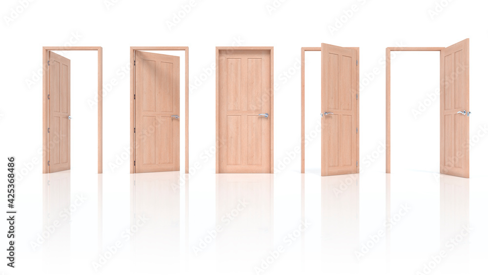 Set of wooden doors open and closed doors. 3d illustration Set of wooden doors open and closed doors. 3d illustration