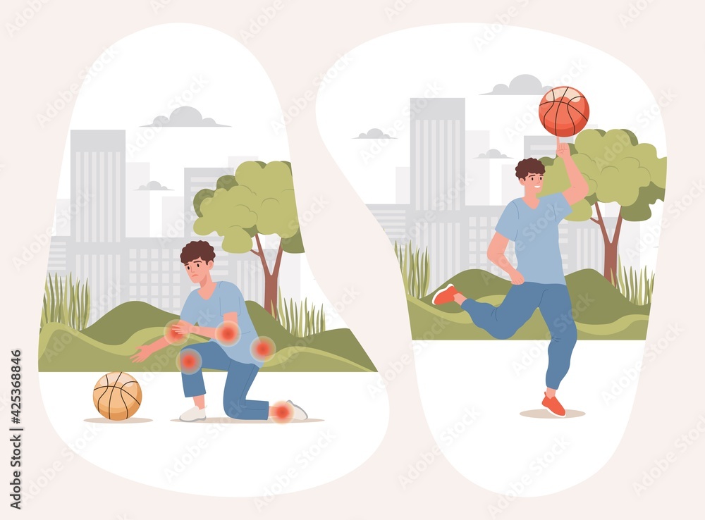 Sad boy with different body pains trying to take ball, and happy active man playing with basketball in city park vector flat illustration. Active lifestyle, sport, treatment gave results concept.