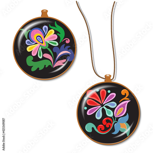 A badge, a medallion on a string with a folk plant ornament, can be used for packaging design, web pages, postcards, stickers. Vector