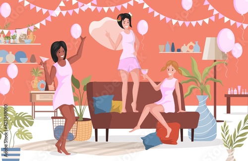 Happy women in night clothes having girls night at home vector flat illustration. Three female characters drinking cocktails and spending time together at bachelorette party. Women celebrating.