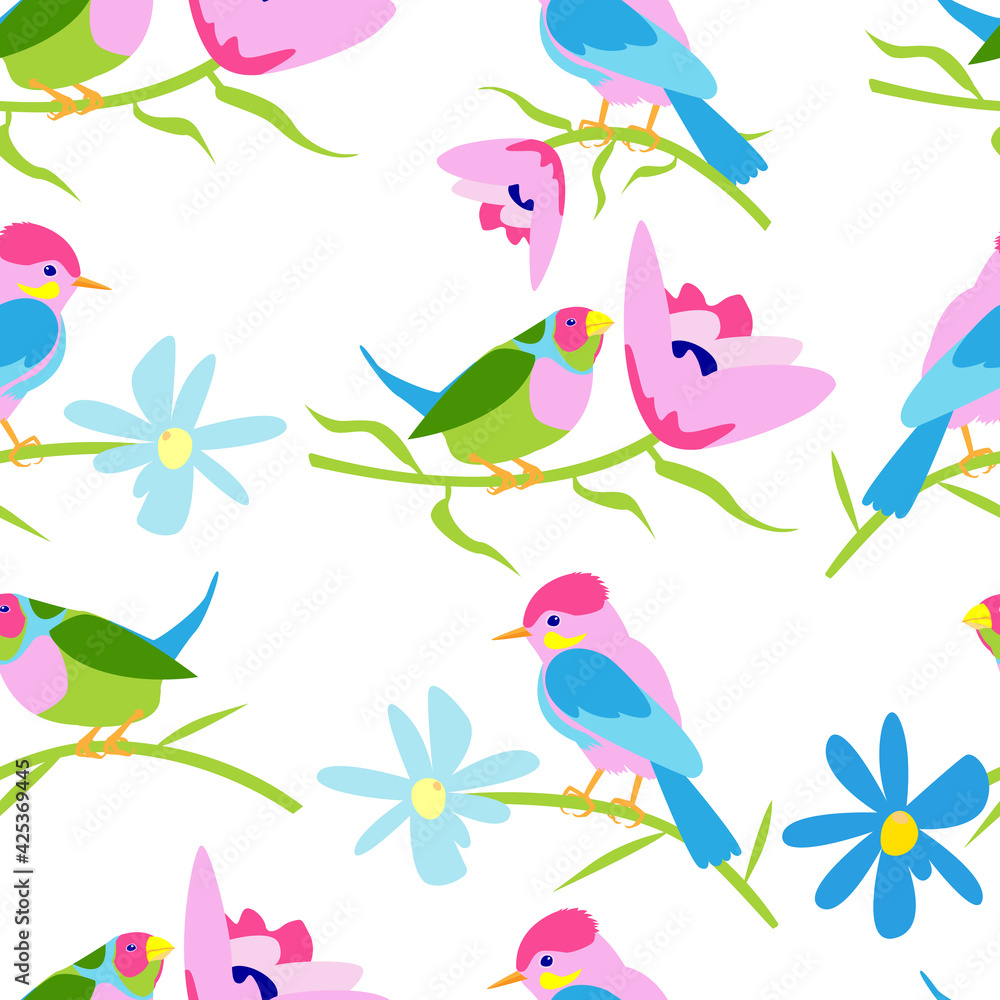 vector stock image on a white background. seamless pattern with colorful birds and flowers on a white background. pattern for printing on fabric, wrapping paper, postcards.