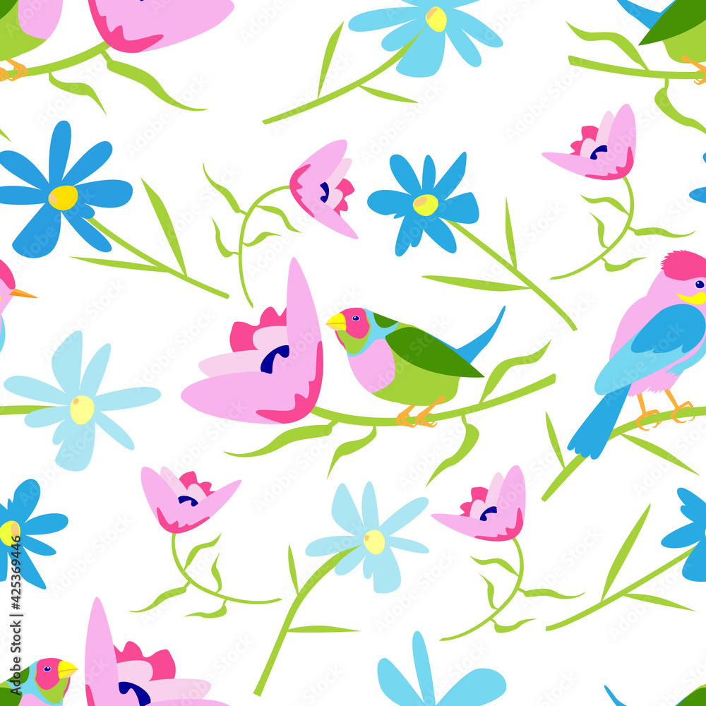 vector stock image on a white background. seamless pattern with colorful birds and flowers on a white background. pattern for printing on fabric, wrapping paper, postcards. blue flowers.