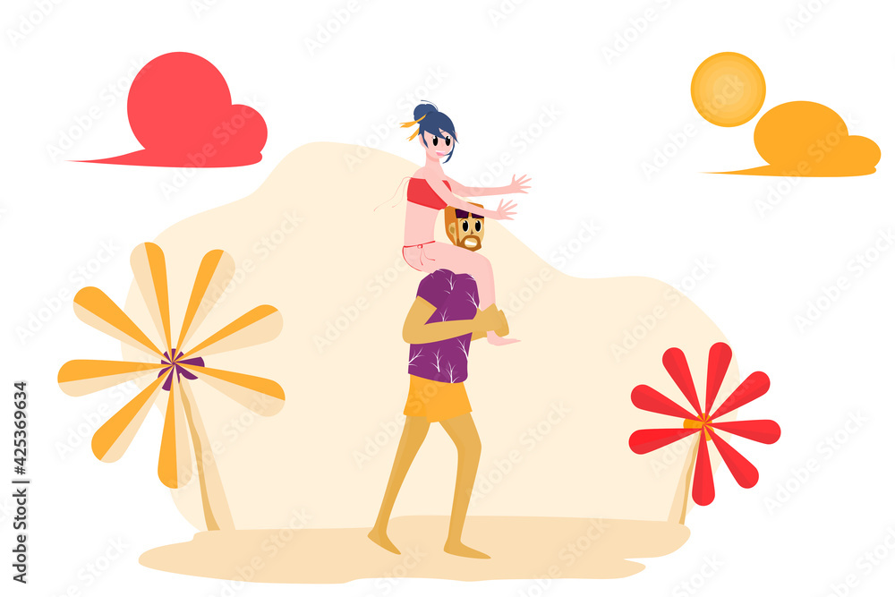 Happy summer. A woman riding a man's back Who happily romping on the beach, young men and women Who are having fun playing on the beach together Vector illustration for content summer, beach, happy Happy summer. A woman riding a man's back Who happily romping on the beach, young men and women Who are having fun playing on the beach together Vector illustration for content summer, beach, happy