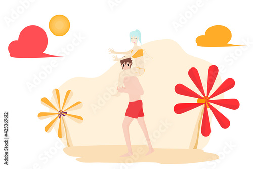 Happy summer. A woman riding a man's back  Who happily romping on the beach, young men and women  Who are having fun playing on the beach together  Vector illustration for content summer, beach, happy