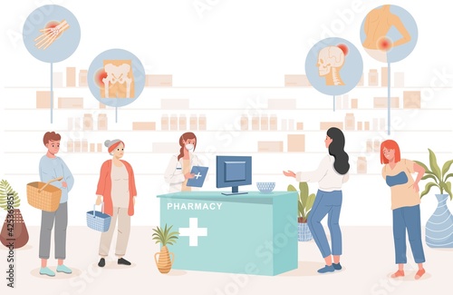 People in pharmacy buying pills from diseases vector flat illustration. Men and women with headaches, pain in the leg and lower back. People in drugstore feeling pain and choosing drugs from ache.