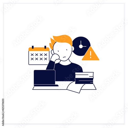 Delaying deadlines flat icon.Schedule gets out. Task execution delay.Postpone unpleasant tasks for later. Procrastination concept. Vector illustration