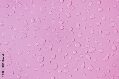 Liquid water drops on pink background, rain condensation flat lay, top view