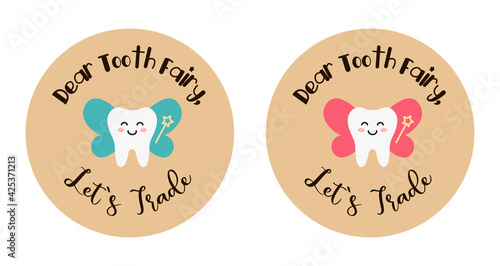 Tooth fairy - a tooth with wings with the inscription around the circle