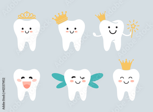 Tooth fairies with crowns and wings. Flat illustrations in kawaii style