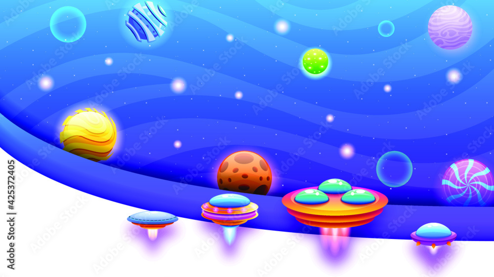 Abstract Aliens On Flying Saucers In Dark Space Planet Background Gradient Unidentified Flying Object Ufo Stars Vector Design Style Abstract Aliens On Flying Saucers In Dark Space Planet Background Gradient Unidentified Flying Object Ufo Stars Vector Design Style