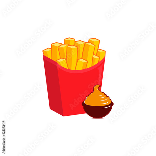 French Fries potato fast food in Red Carton Package Box Isolated on White background. Delicious sauce.