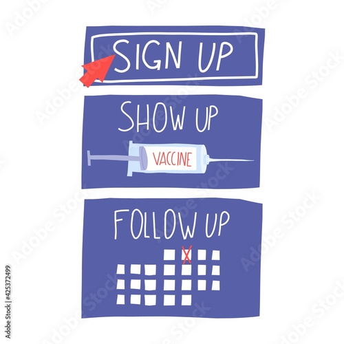 Sign up, show up and follow up at medical application, vector illustration.